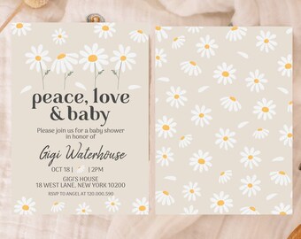 Editable Peace Love and Baby Shower Invitation Daisy Invitation Floral Neutral Download Printable Template Corjl Digital 403