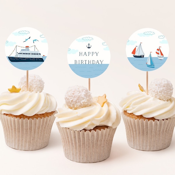 Sailing Boat  Birthday Cupcake Toppers Anchors Away Cake Topper Favor Tags Birthday Pink Party Stickers Digital PRINTABLE 575