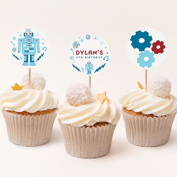 Robot Cupcake Topper Birthday Cake Gear Up Birthday Decor Editable Printable, Digital Template, Instant Download 740