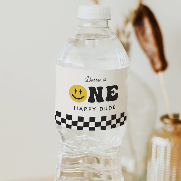 One Happy Dude Water Bottle Label Smile Face Birthday Decor Welcome Bag Digital Template Printable, Instant Download 674