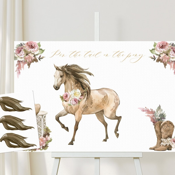 Editable Pin the Tail on the Pony Birthday Game Horse Birthday Party Decor Cowgirl Floral Pink Instant Download Printable Digital Corjl 661