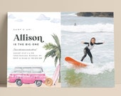 The Big One Surf Birthday Party Invitation Printable Surfing Surfboard Wave Retro Van Baby Shower Invite Corjl Template 670 Il_170x135