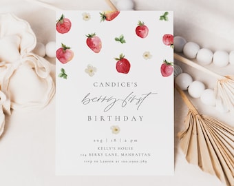 Berry First Birthday Invitation Template Strawberry Fruit Editable Invitation Digital Invitation Template Instant Download 554