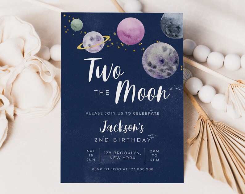 Two the Moon Birthday Invitation Party Template Space Planet Stars Editable Digital Invitation Template Printable Instant