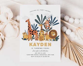 Safari Animal Birthday Invitation Template Wild Animal Giraffe Lion Editable Digital Invitation Template Printable Instant Download 626