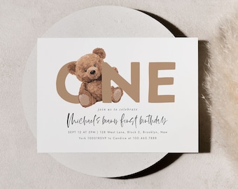 Teddy Bear Beary First Birthday Invitation Template First Birthday Editable Digital Invitation Template Printable Instant Download 749