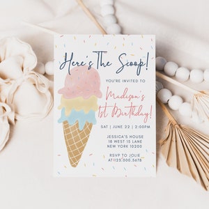 Ice Cream Birthday Invitation Template First Birthday Summer Invite Editable Invitation Digital Invitation Template Instant Download 400