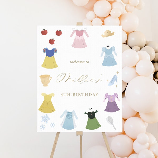Princess Dress Birthday Welcome Sign Custom Sign Princess Dress-Up Birthday Decor Download Corjl Template 720