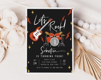 Let's Rock Birthday Invitation Template Guitar Rock Band Editable Printable Digital Invitation Template, Instant Download 619