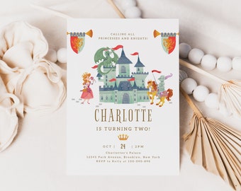 Princess and Knight Birthday Invitation Template Castle Dragon Editable Invitation Digital Invitation Printable Instant Download 614