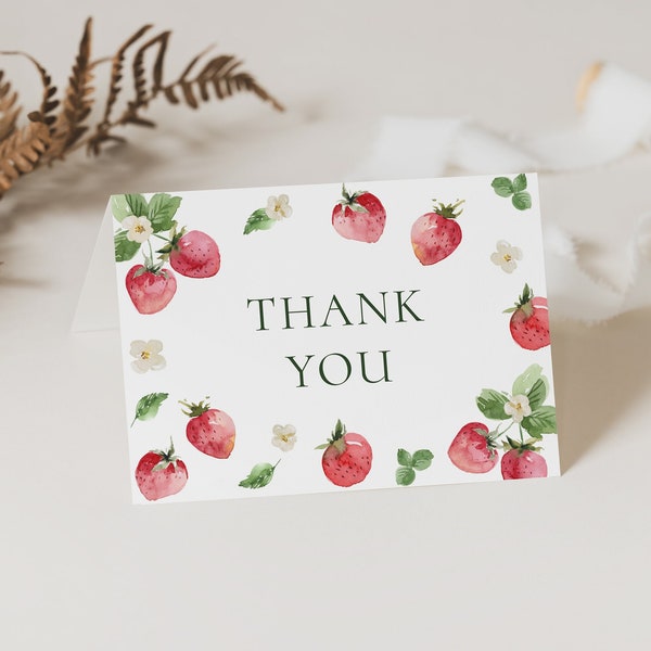 Editable Strawberry Thank You Card Note Card Fold Card Birthday Decor Digital Template, Printable, Instant Download 554