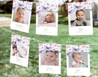 Butterfly Monthly Milestone Photo Cards  Birthday Banner Birthday Decor High Chair Banner Printable Corjl Template 597