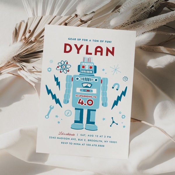 Robot Birthday Invitation Template Gear Up Editable Digital Invitation Template Printable Instant Download 740