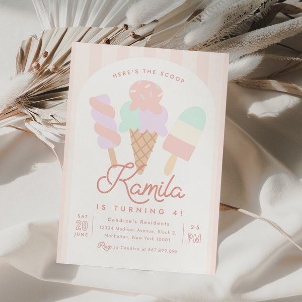 Editable Ice Cream Birthday Invitation Template Party Invite Here's the Scoop Cone Pastels Printable Digital Template Instant Download 818