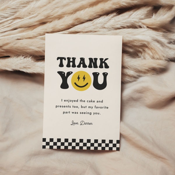 One Happy Dude Thank You Note Card Retro Smile Face Checkered Birthday Editable Printable Digital Template Instant Download 722