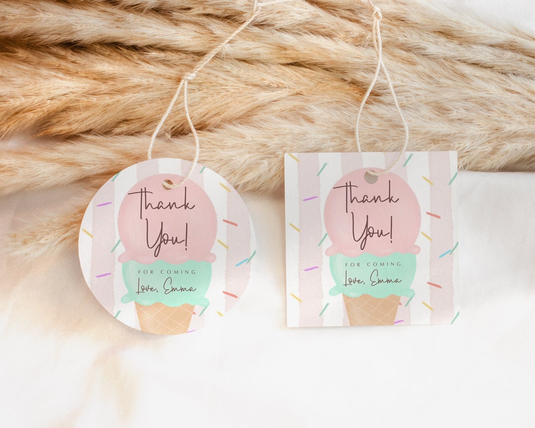 Editable Ice Cream Birthday Thank You Tag Gift Tag Pastel Birthday ...