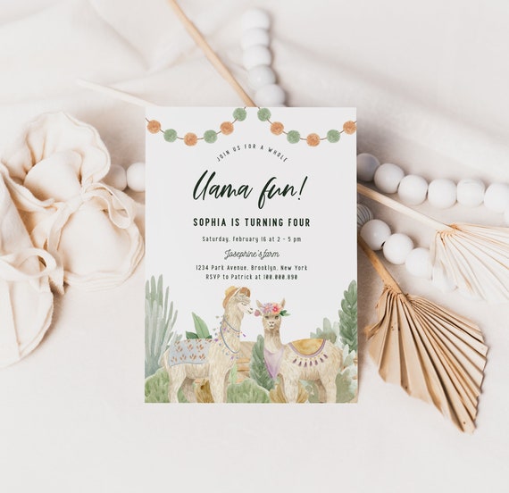 Whole Llama Fun Modern Birthday Party Invitation Printable Alpaca Birthday Floral Corjl Template ...