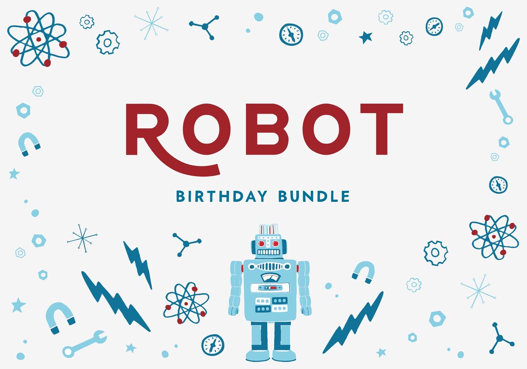 Robot Birthday Invitation Template Bundle Gear up Tent Card Birthday ...