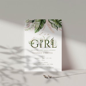 Editable Tropical Greenery It's a Girl Baby Shower Invitation ...