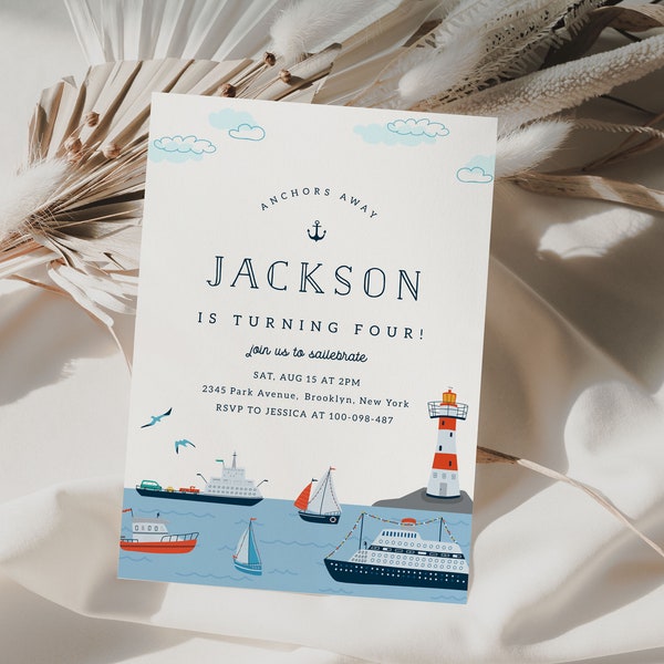 Ahoy Ship Birthday Invitation Template Sailing Boat Sea Editable Invitation Digital Invitation Template Instant Download 575