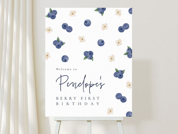 Blueberry Modern BirthdayWelcome Sign Fruit Birthday Sign Custom Sign Party Sign Printable Corjl Template 600 Il_570xn