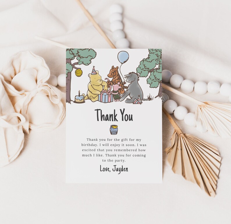 Editable Winnie the Pooh Thank You Card Birthday Thank You Card Party Warm Corjl Template 524 image 1