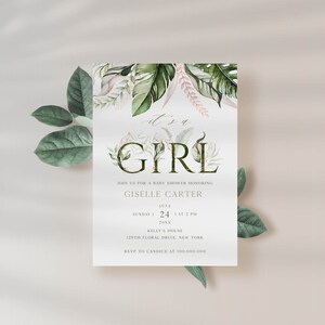 Editable Tropical Greenery It's a Girl Baby Shower Invitation ...