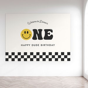 Editable One Happy Dude Birthday Party Backdrop Retro Retro Smile Face Birthday Sign Custom Sign Party Sign Printable 674