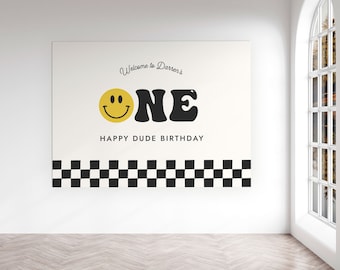 Editable One Happy Dude Birthday Party Backdrop Retro Retro Smile Face Birthday Sign Custom Sign Party Sign Printable 674