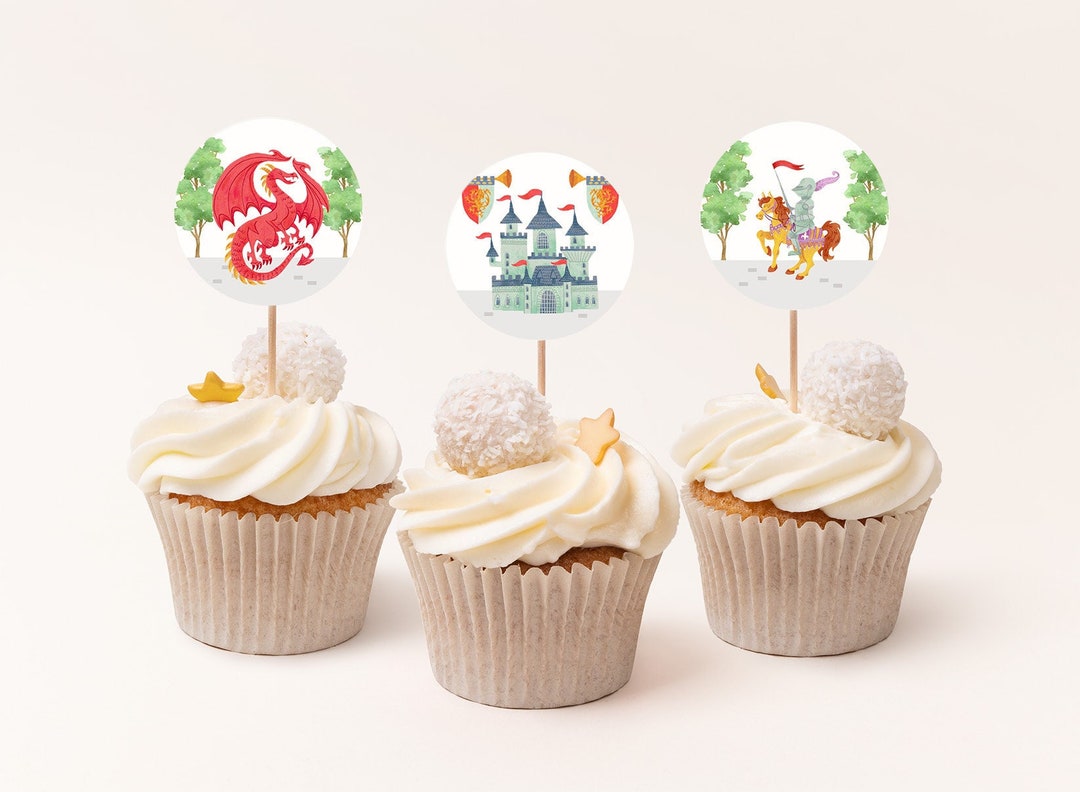 Dragon and Knight Birthday Cupcake Toppers Favor Tags Knight Etsy