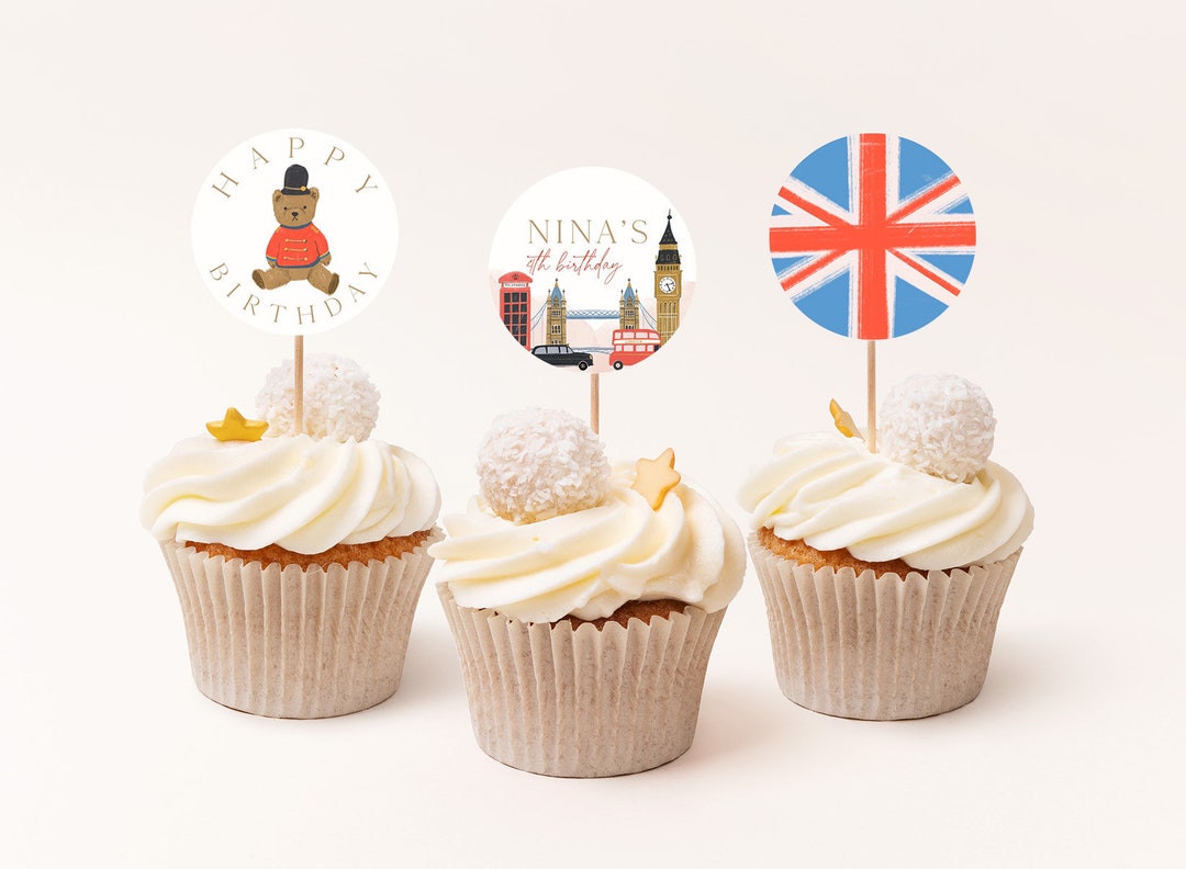 Editable London Birthday Decor Cupcake Topper Teddy Big Ben Union Jack