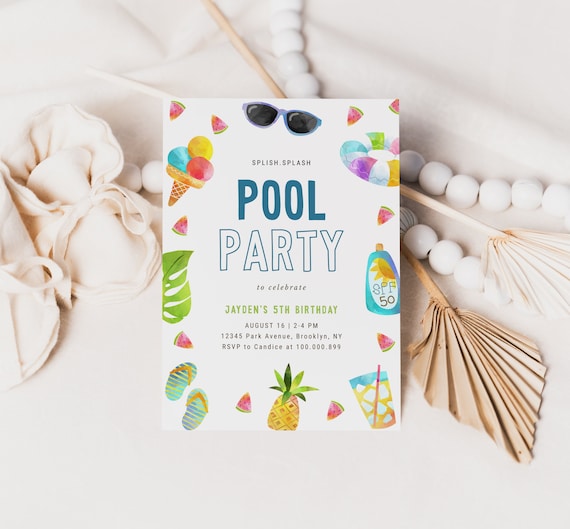 Editable Pool Party Modern Birthday Summer Birthday Invitation Birthday Colorful Printable Template Corjl 434 Il_570xn