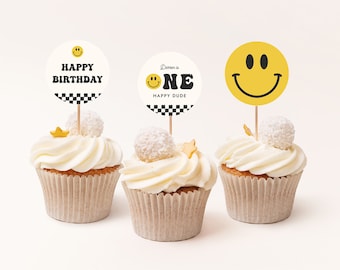 One Happy Dude Birthday Cupcake Topper Cake Topper Printable Retro Checkered Smile Face First Birthday Decor Digital Template 674