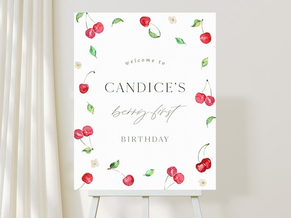 Editable Cherry Berry First Modern Birthday Party Welcome Sign Birthday ...
