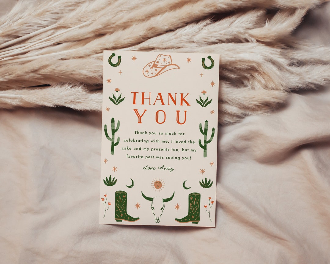 Western First Rodeo Thank You Note Card Cowboy Cowgirl Birthday Decor ...