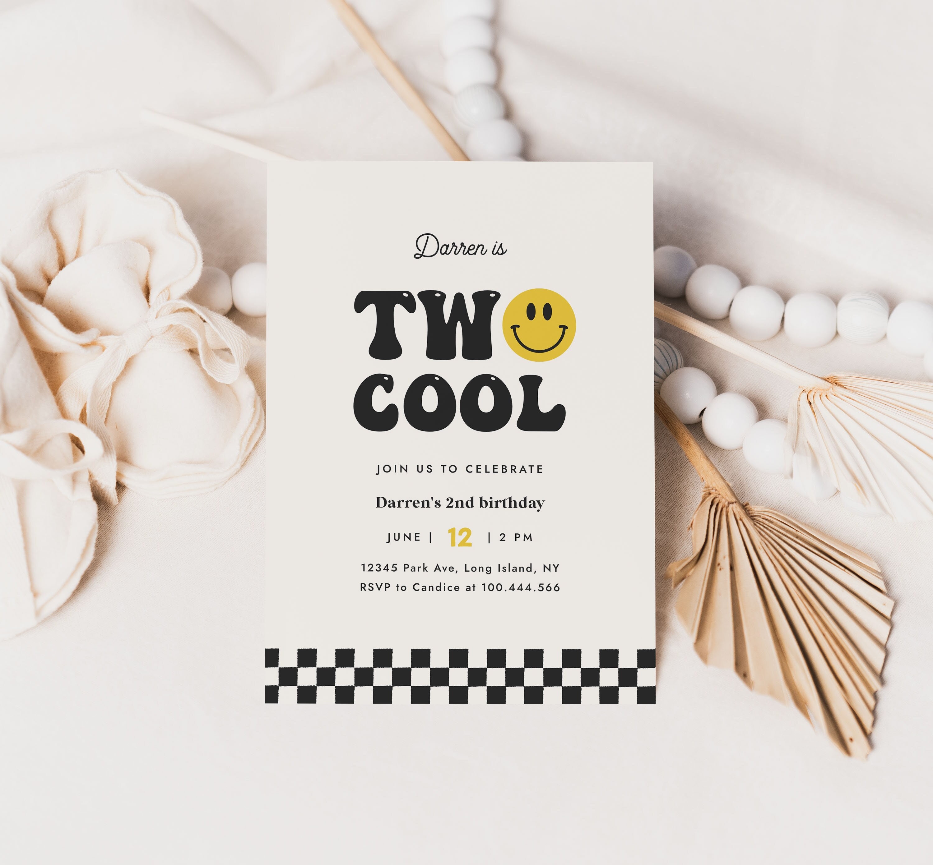Two Cool Birthday Invitation Template Retro Smile Face Editable Digital Invitation Template Instant Download 674