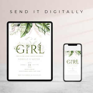 Editable Tropical Greenery It's a Girl Baby Shower Invitation ...