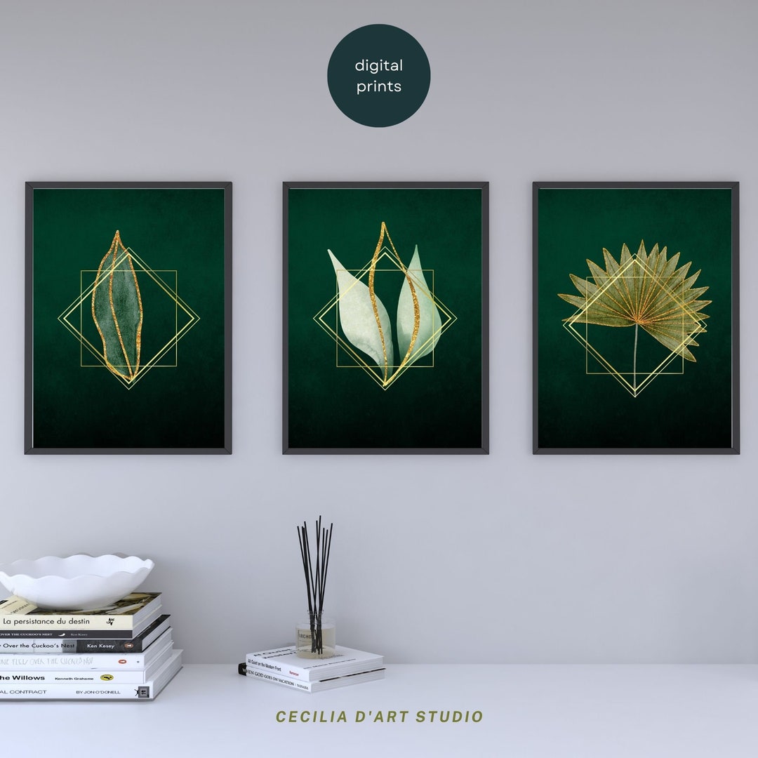 Set of 3 Emerald Green Gold Geometric Leaf Digital Print Emerald Green ...