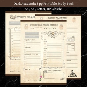 Dark Academia Study Pack Printables - Pomodoro Technique, Daily Study, Daily Planner, Digital Planner Inserts A5, A4, Letter, HP Classic