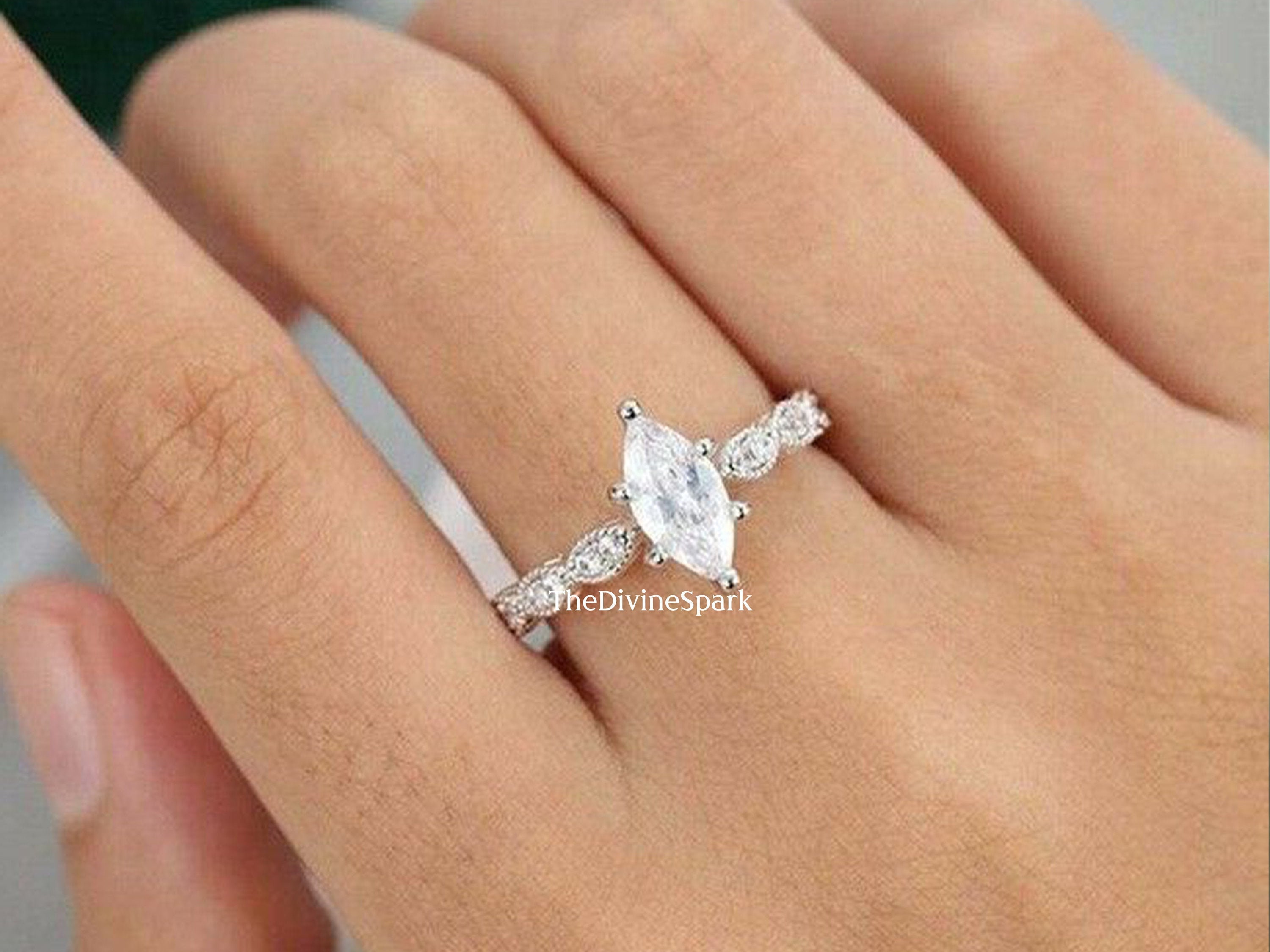 Marquise Near White 1.26 Ct Real Moissanite Engagement Ring 925 Sterling Silver 