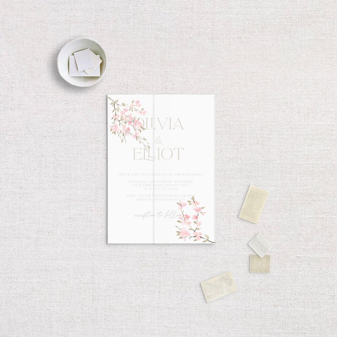 Cherry Blossom Vellum Wrap, 5x7 Vellum Wedding Invitation, Vellum