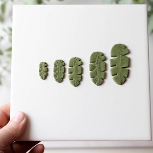 May include: Five green clay leaf shapes of varying sizes, arranged in a row on a white surface.