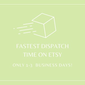 May include: A white line drawing of a box with lines extending from it, symbolizing fast shipping. The text reads "Fastest Dispatch Time on Etsy Only 1-3 Business Days!"