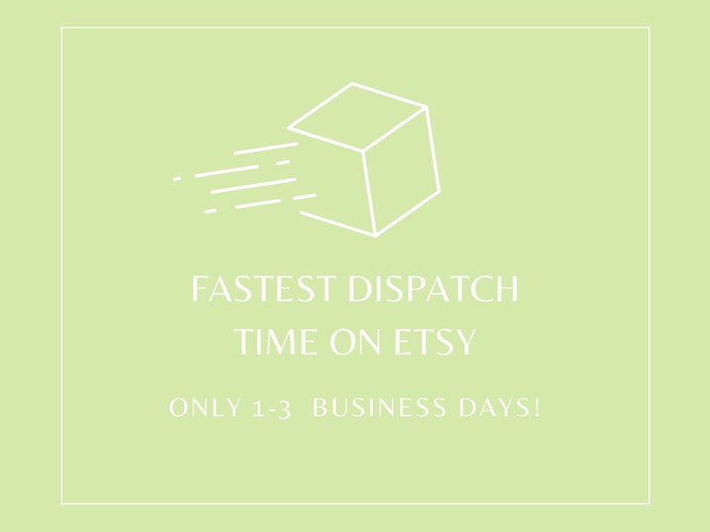 May include: A white line drawing of a box with lines extending from it, symbolizing fast shipping. The text reads "Fastest Dispatch Time on Etsy Only 1-3 Business Days!"