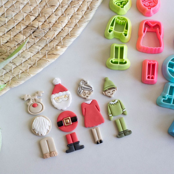 Polymer Clay Cutter, Christmas Clay Cutters, Buildable Christmas Characters Clay Cutters: Santa, Mrs. Claus, Rudolph, Santa's Elf, Reindeer