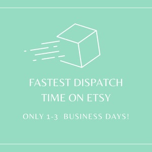 May include: A white outline of a box with a white line representing speed coming out of the top of the box. The text below the box reads "FASTEST DISPATCH TIME ON ETSY ONLY 1-3 BUSINESS DAYS!"