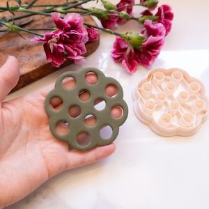 Op de afbeelding: Een groene, cirkelvormige koekjesuitsteker met meerdere gaten wordt in een hand gehouden. Een tweede, lichtroze koekjesuitsteker staat ernaast. Roze bloemen en een houten snijplank staan op de achtergrond. De koekjesuitstekers zijn voor het bakken.