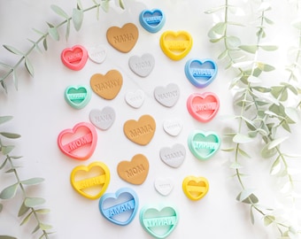 Mother's Day Polymer Clay Cutter, Conversation Heart Clay Cutters, Candy Hearts, Embossing Clay Cutter: Conversation Heart Cutters 4 Names