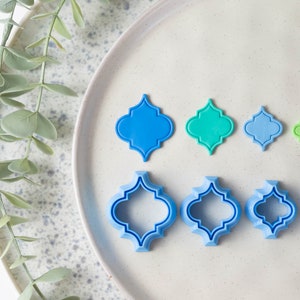 Può includere: Un set di sette tagliabiscotti in plastica blu e verde a forma di quadrifoglio. I tagliabiscotti sono disposti in ordine di dimensione, con il tagliabiscotti più grande in alto e il più piccolo in basso.