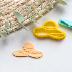 May include: Two yellow and orange plastic cookie cutters shaped like sun hats. The larger cutter has a smooth surface and the smaller cutter has the words "hello sunshine" inscribed on the brim.